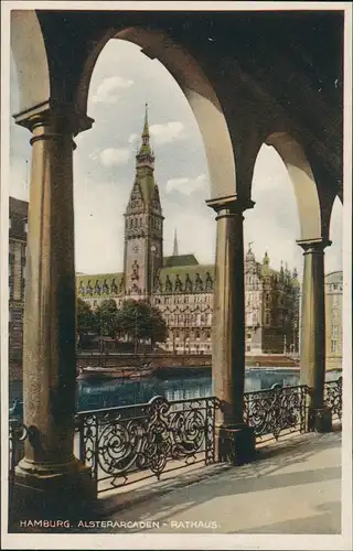 Ansichtskarte Hamburg Alsterarkaden, Rathaus color 1940