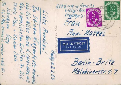 Hamburg Jungfernstieg 2 Bild VW Käfer Posthorn Luftpost 10 + 5 Pfg 1953