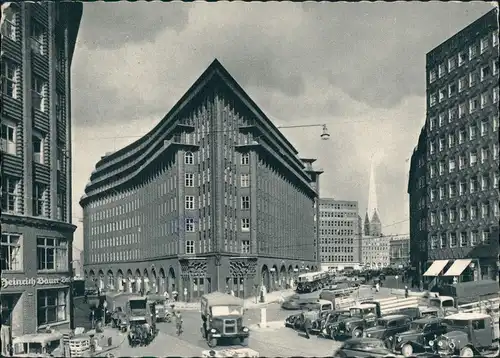 Ansichtskarte Hamburg Chilehaus, Straße - LKW 1955