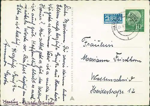Ansichtskarte Hamburg Chilehaus, Straße - LKW 1955