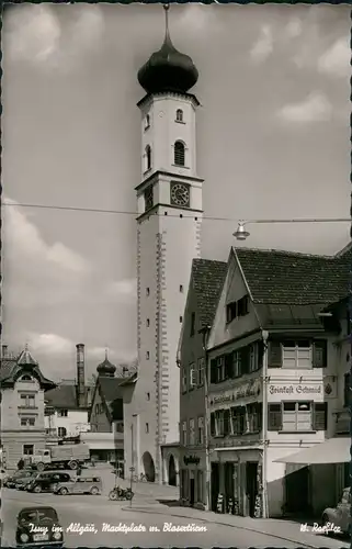 Ansichtskarte Isny Marktplatz, Geschäfte - Autos 1961