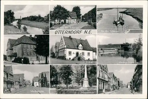 Ansichtskarte Otterndorf Straßen, Schule, Schleuse 1956