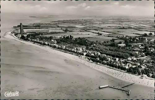 Ansichtskarte Laboe Luftbild Stadt im hintergrund Marineehrenmal 1956