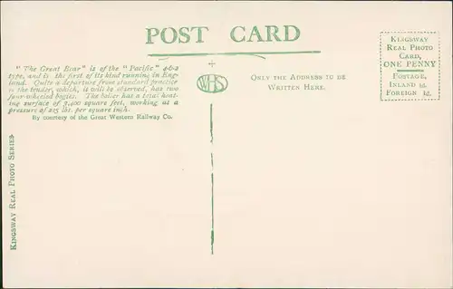 GREAT WESTERN RAILWAY "THE GREAT BEAR EXPRESS ENGINE. NO 111. Eisenbahn 1922