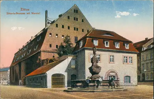 Ansichtskarte Zittau Zittavia-Brunnen mit Marstall 1914