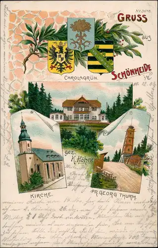 Carolagrün-Auerbach (Vogtland) Heraldik Litho Kirche, Turm, Kurhaus 1903