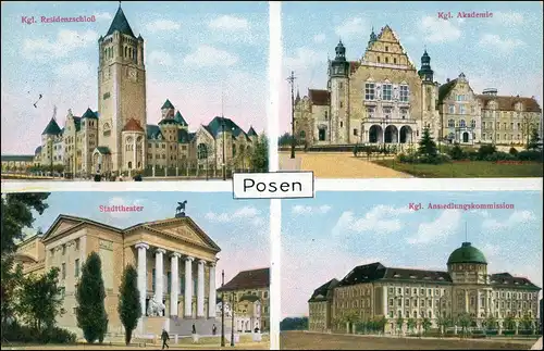 Postcard Posen Poznań 4 Bild: Schloß, Theater gel. Feldpost 1915