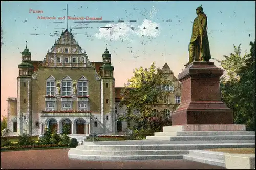 Postcard Posen Poznań Akademie, Bismarckdenkmal 1915