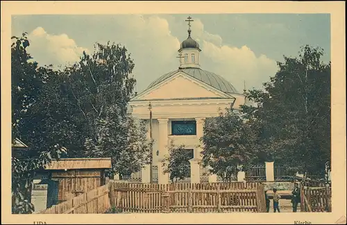 Postcard Lida Ліда Lyda Лида Kirche - Straße - Holzverhau 1916