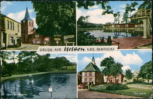 Ansichtskarte Uelsen 4 Bild: Straße, Kirche, Waldbad, Markt 1964