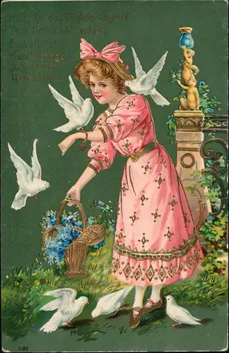 Ansichtskarte  Präge-Goldkarte Mädchen und Tauben 1912 Goldrand