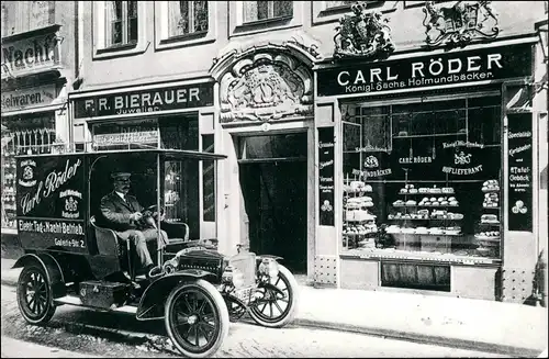 Dresden Auto vor Juwelier und Hofmundbäcker Carl Röder 1912/1992 REPRO