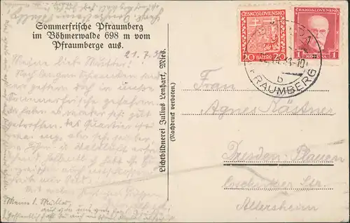 Postcard Pfraumberg Přimda Blick auf die Stadt 1933