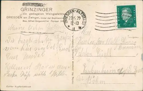 Ansichtskarte Innere Altstadt-Dresden GRINZINGER am Zwinger - Innen 1929