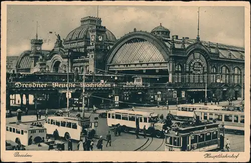 Ansichtskarte Seevorstadt-Dresden Busse und Straßenbahn am Hauptbahnhof 1929