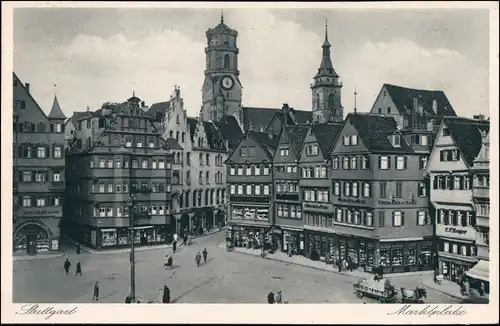 Ansichtskarte Stuttgart Marktplatz, Geschäfte - Fuhrwerk 1928