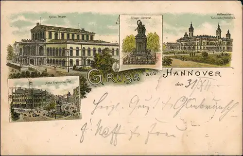 Ansichtskarte Hannover Hotel Rheinischer Hof, Theater, Hochschule 1899 Luna
