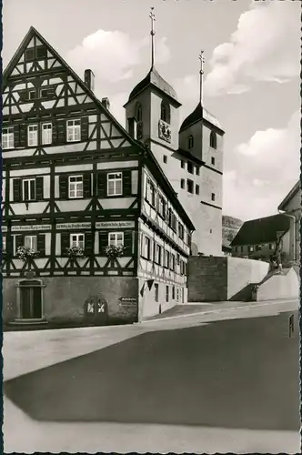 Ansichtskarte Wiesensteig Aufgang zur Kirche, Strassen Partie 1955