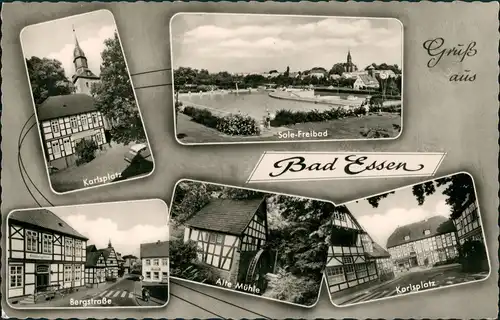 Bad Essen Mehrbild-AK Karlsplatz, Freibad, Bergstraße, Alte Mühle 1960