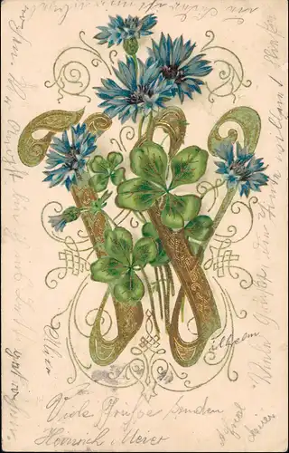 Künstlerkarte Jugenstil Gold Blumen Ornament Prägekarte 1905  Prägekarte