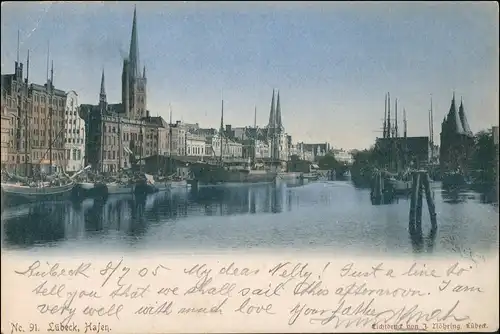 Ansichtskarte Lübeck Hafen, Segelboote - Stadt 1905