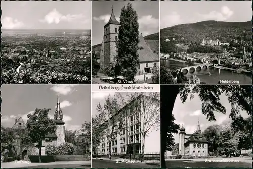 Handschuhsheim-Heidelberg 6 Ansichten ua. Tiefburg, Kirche St. Vitus, Grahamschlößchen 1960