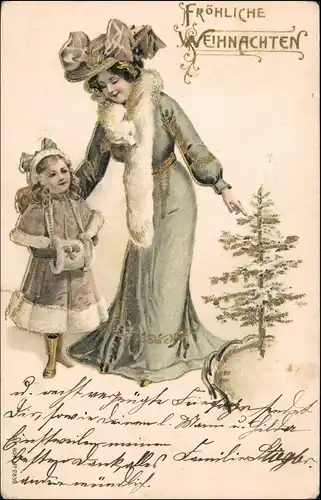 Ansichtskarte  Weihnachten - Frau und Kind Prägekarte Gold 1907 Goldrand