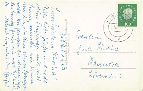 Orb Straßen Ansicht Das kleinste Haus des Ortes 1959    Stempel Bad Orb