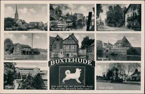 Ansichtskarte Buxtehude MB: Hafen, Bahnhof, Straße 1932