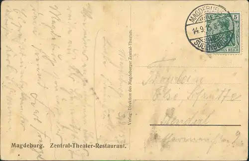 Ansichtskarte Magdeburg Zentral-Theater-Restaurant - innen 1915