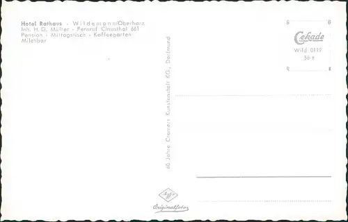 Wildemann (Innerstetal) Pension Milchbar Hotel Rathaus Inh. H.G. Müller 1958
