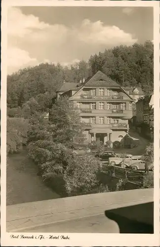 Bad Berneck im Fichtelgebirge Hotel Buba, Fluss Partie, alte Autos  1954