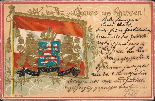 .Hessen Patriotika Hessen Flagge Heraldik Goldpräge Karte 1903 Prägekarte