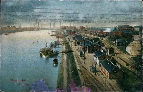 Ansichtskarte Mannheim Hafen im Hintergrund BASF 1916
