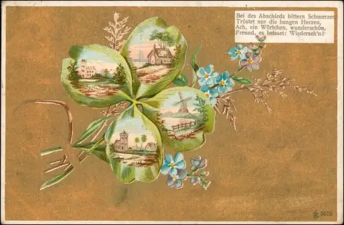 Kleeblatt - Goldkarte Windmühle Feilchen 1906 Privatfoto Goldrand