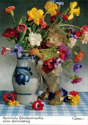 Ansichtskarte  Mecki (Diehl-Film): Glückwunsch Geburtstag, Blumenstrauß 1970