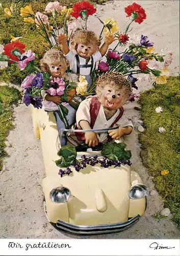 Ansichtskarte  Mecki (Diehl-Film) "Wir gratulieren" Comic-Figuren im Auto 1975