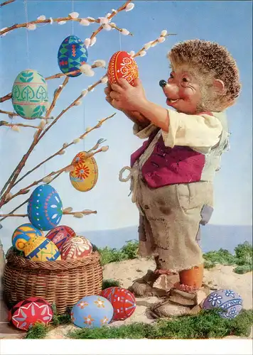 Ansichtskarte  Mecki (Diehl-Film) mit Ostereiern, Ostern, Eierbaum 1975