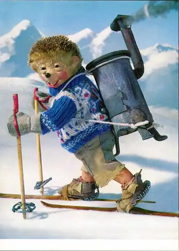 Mecki (Diehl-Film) Igel Puppe auf Ski mit Ofen auf Rücken geschnallt 1975