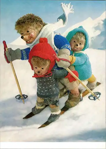 Ansichtskarte  Mecki (Diehl-Film) mit Kindern auf Ski, Comic-Figuren 1975