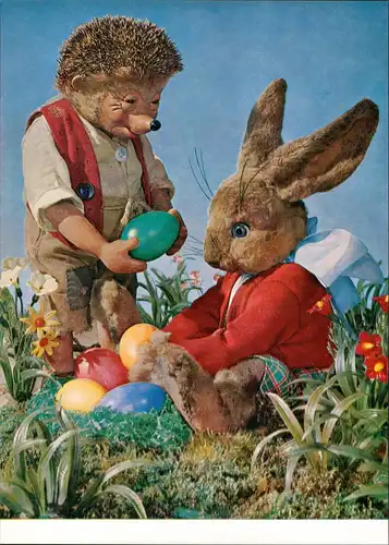 Ansichtskarte  Mecki (Diehl-Film) mit Osterhase, Ostern, Ostereier 1975