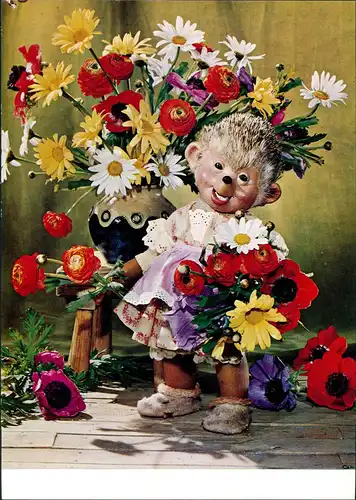 Ansichtskarte  Mecki (Diehl-Film): Blumenstrauß Herzlichen Glückwunsch 1970