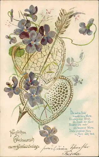 Ansichtskarte  Glückwunsch Geburtstag Feilchen Herzen Blumen 1906 Goldrand