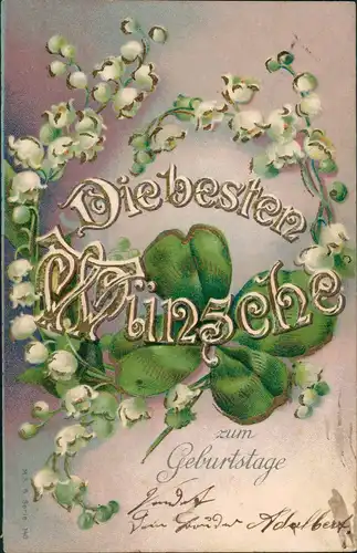 Maiglöckchen Kleeblatt Kümstlerkarte geprägt Geburtstag 1906 Goldrand