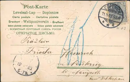 Maiglöckchen Kleeblatt Kümstlerkarte geprägt Geburtstag 1906 Goldrand