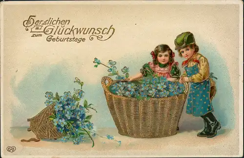 Ansichtskarte  Geburtstag Kinder Blumen Goldprägekarte 1913 Goldrand