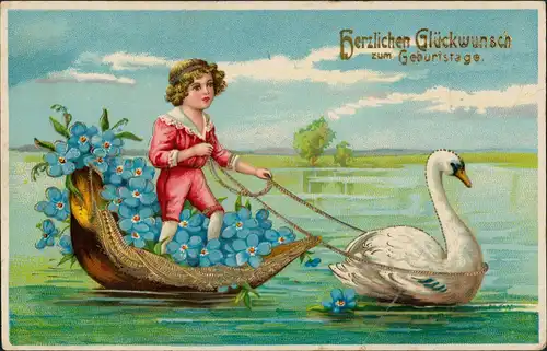 Ansichtskarte  Prägekarte Schwan Feilchen Junge Goldkarte 1914 Goldrand