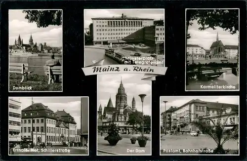 Mainz Mehrbild-AK Münsterplatz Telegrafenamt, Kirche, Postamt Bahnhofstr.  1960