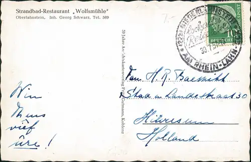 Oberlahnstein-Lahnstein Strandbad-Restaurant „Wolfsmühle" Inh. G. Schwarz 1957