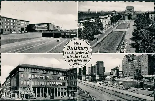 Ansichtskarte Duisburg 4 Bild: Bahnhof, Straße, Hafen 1960